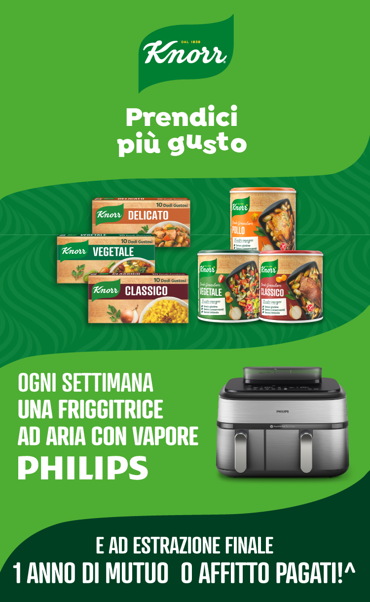 Immagine smartphone col titolo della meccanica Concorso Prendici più gusto: Con l'acquisto di 3 prodotti Knorr,Pfanni e Asia-fusione a scelta prova a vincere ogni settimana una friggitrice ad aria e in estrazione finale un voucher per il tuo mutuo o affitto